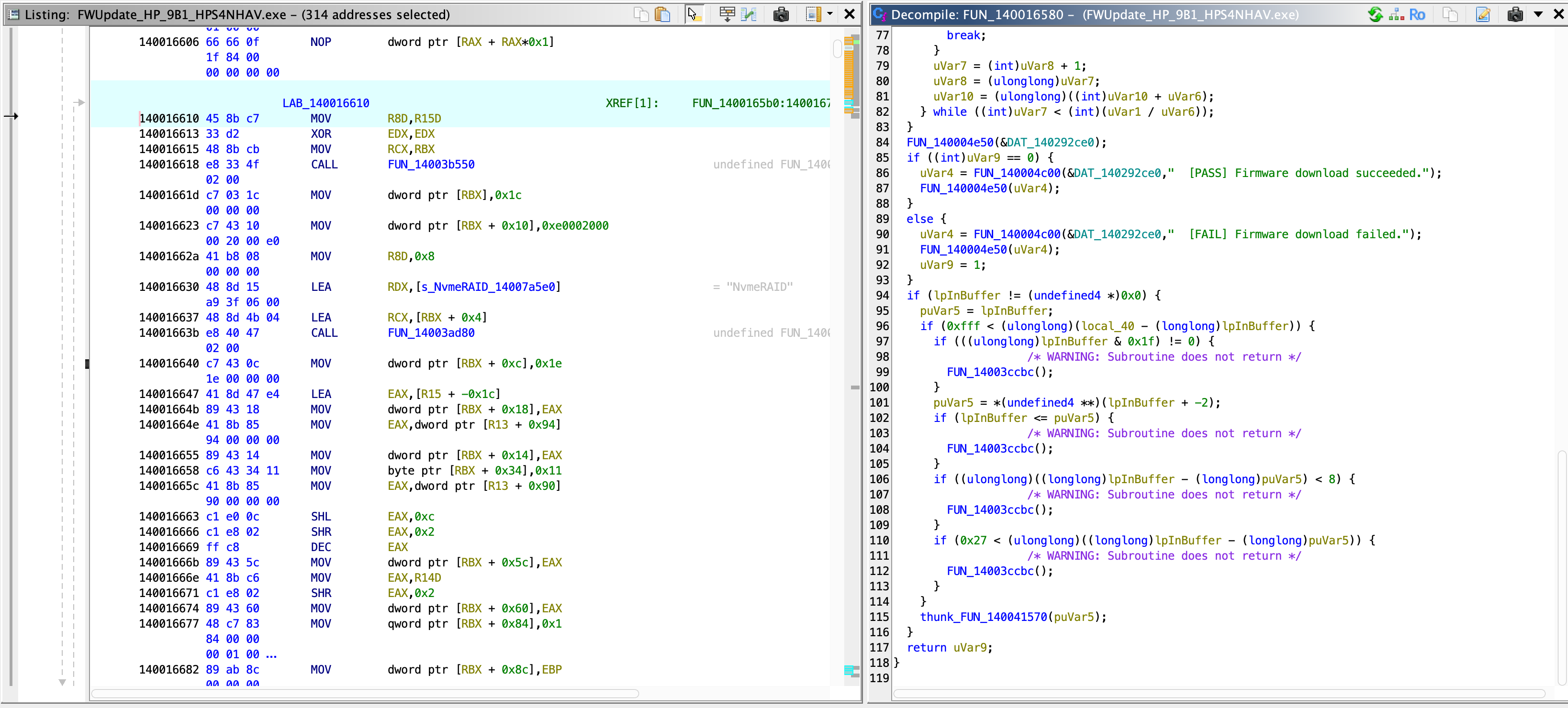 Ghidra listing and decompiler view of the HP updater's firmware download routine, showing opcode 0x11 being stored into the NVMe request structure